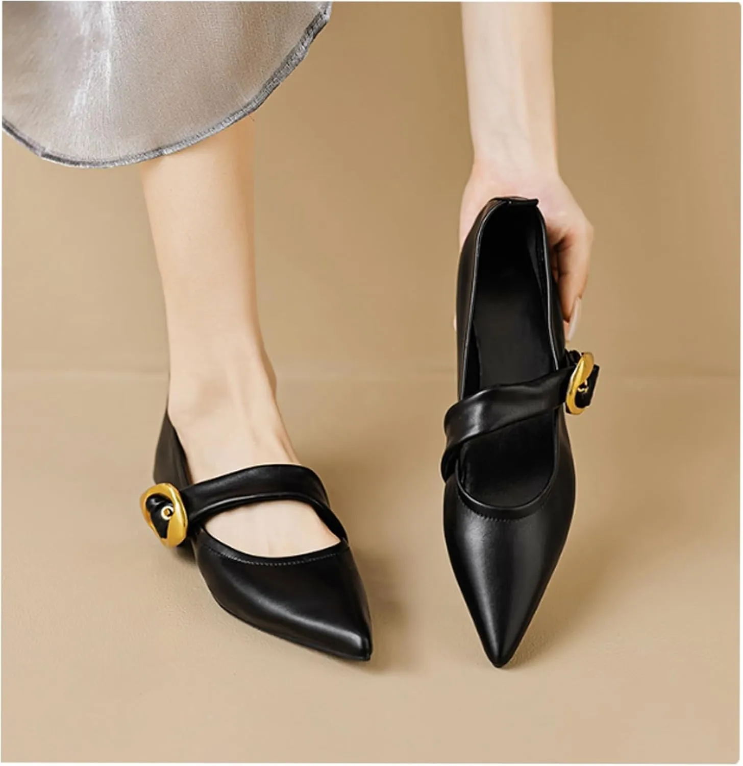 Women's Mary Jane Flats Adjustable Metal Buckle Fashion Pointed Toe Low Heel Flats Comfortable Dress Flats (Black,8.5)
