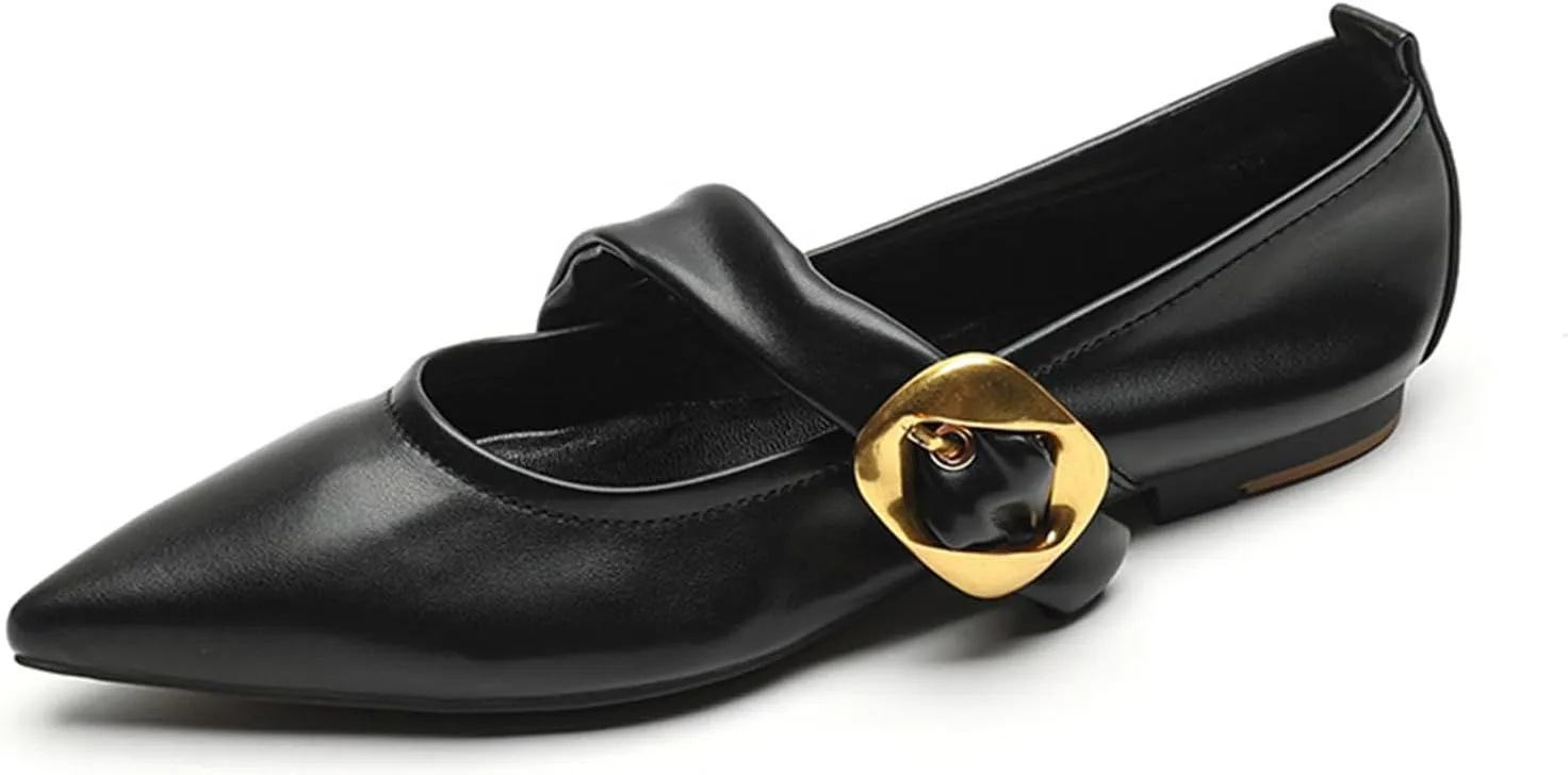 Women's Mary Jane Flats Adjustable Metal Buckle Fashion Pointed Toe Low Heel Flats Comfortable Dress Flats (Black,8.5)