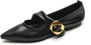 Women's Mary Jane Flats Adjustable Metal Buckle Fashion Pointed Toe Low Heel Flats Comfortable Dress Flats (Black,8.5)