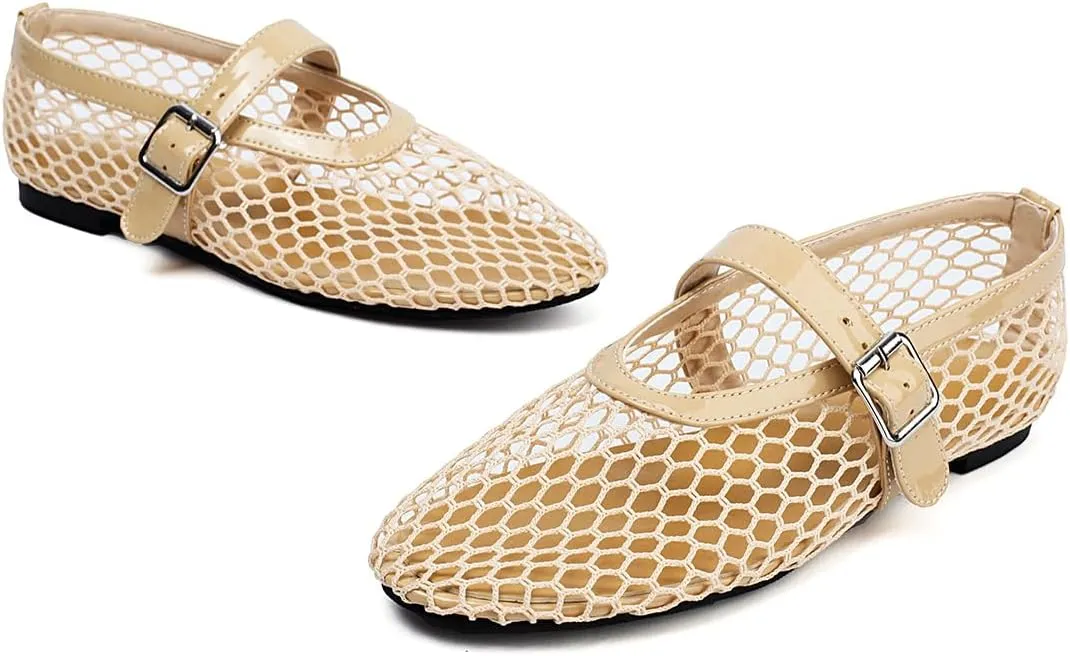 Women's Mesh Ballet Flats Comfy Casual Office Flat Heel Fishnet Ballerina Shoes Round Toe Buckle Strap Mary Jane Flats