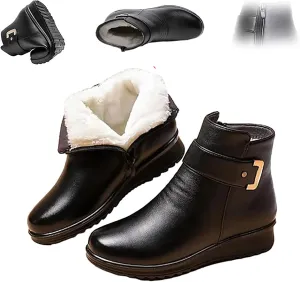 Women's Metal Buckle Genuine Leather Wool Orthopedic Boots,Winter Warm Slip On Fur Lined Snow Boots with Side Zipper