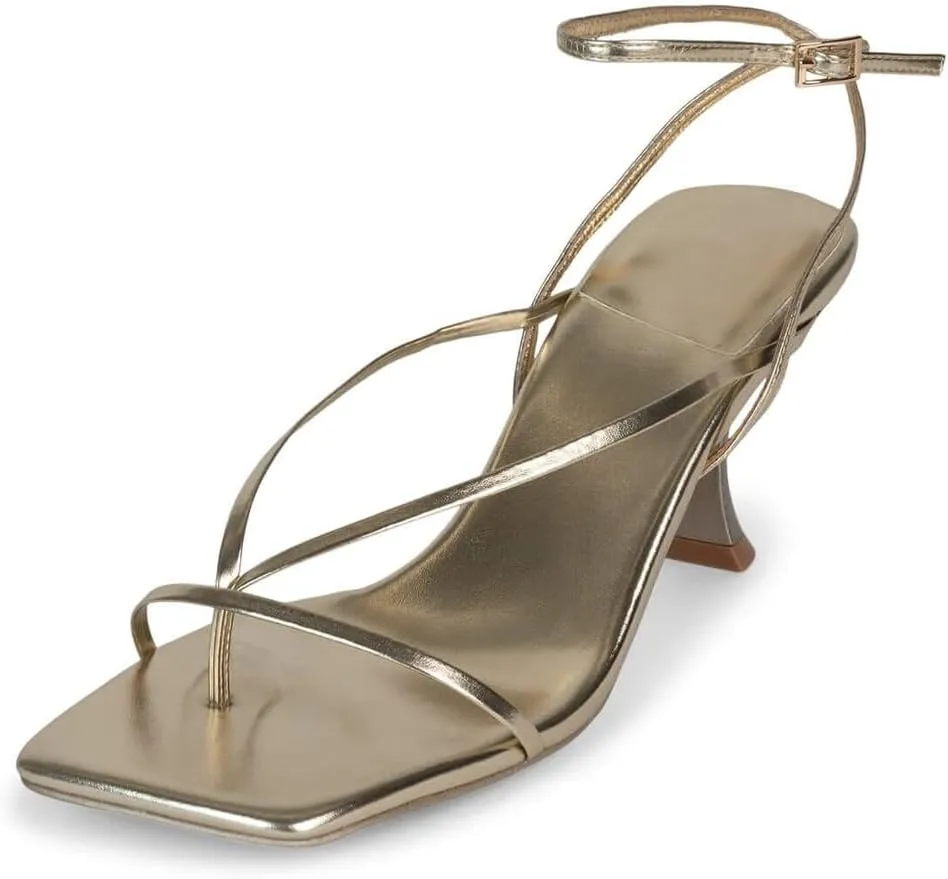 Women's Minimal Square Toe Sandals Mid-heel Strappy Thong Sandal with Ankle Strap Summer Kitten Heels
