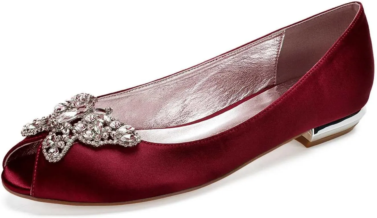 Women's Open Toe Satin Wedding Flats - Comfortable Bridal Shoes with Rhinestones, Elegant Formal Slip-On Dress Shoes, Ballet Flats for The Bride