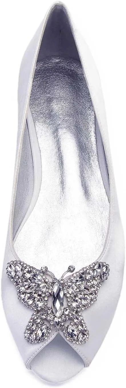 Women's Open Toe Satin Wedding Flats - Comfortable Bridal Shoes with Rhinestones, Elegant Formal Slip-On Dress Shoes, Ballet Flats for The Bride