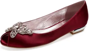 Women's Open Toe Satin Wedding Flats - Comfortable Bridal Shoes with Rhinestones, Elegant Formal Slip-On Dress Shoes, Ballet Flats for The Bride