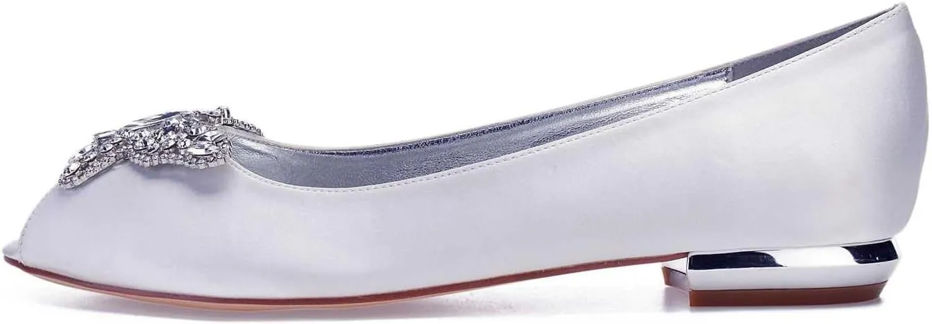 Women's Open Toe Satin Wedding Flats - Comfortable Bridal Shoes with Rhinestones, Elegant Formal Slip-On Dress Shoes, Ballet Flats for The Bride