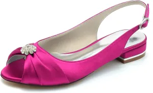 Women's Peep Toe Saitn Wedding Shoes for Bride Flats Comfortable Rhinestones Bridal Flats Evening Prom Party Dress Shoes Pumps