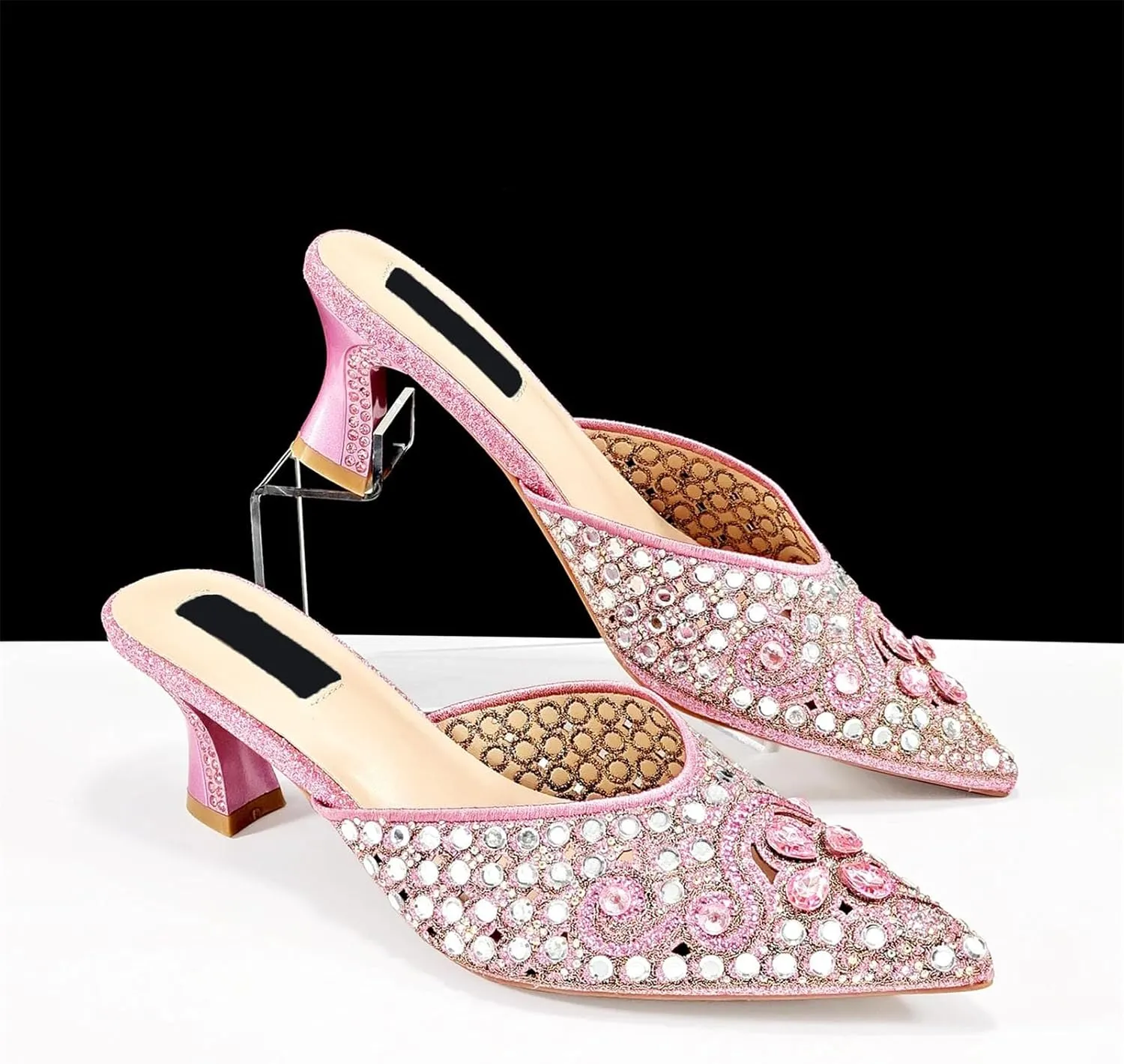 Women's Pink Italian Party Set - Comfortable Low Heel Sandals & Rhinestone Clutch for Casual Events