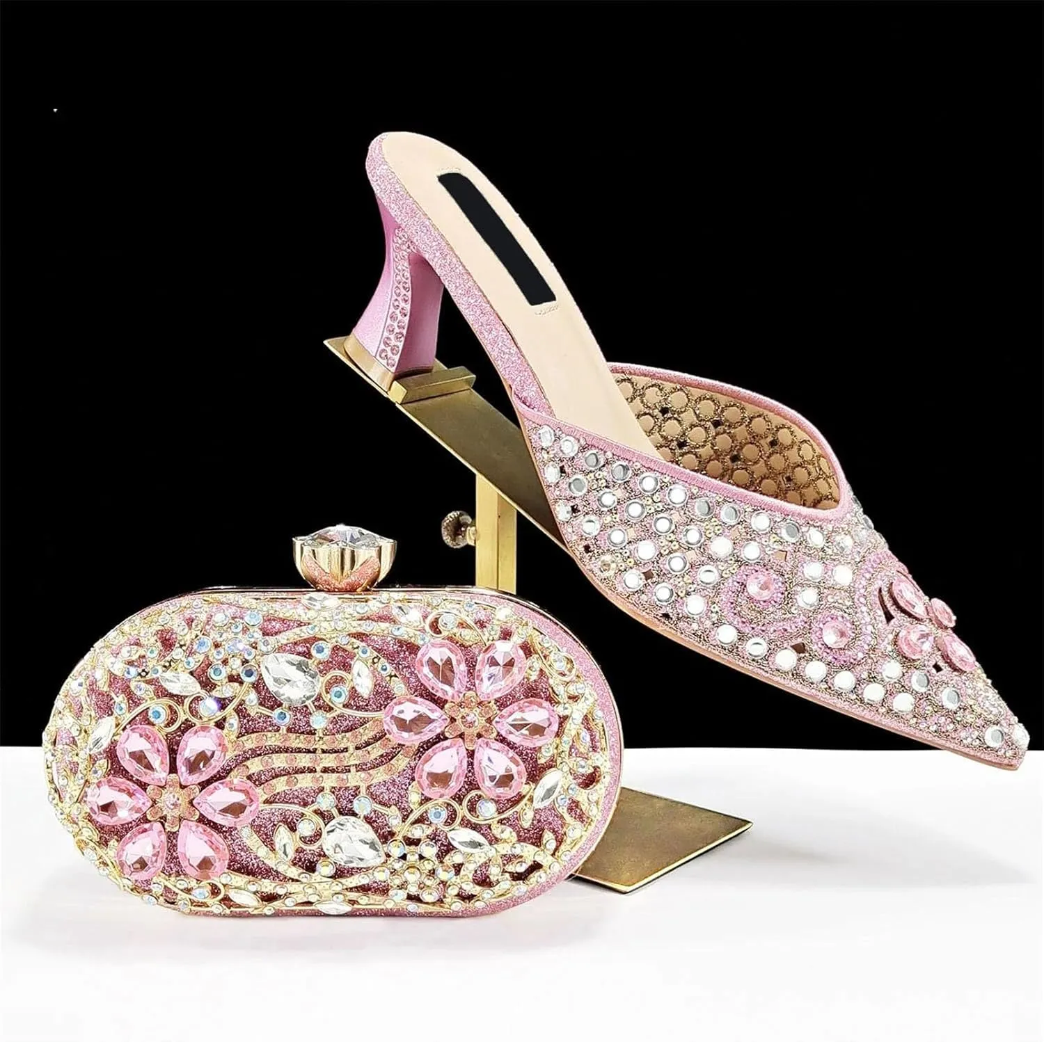 Women's Pink Italian Party Set - Comfortable Low Heel Sandals & Rhinestone Clutch for Casual Events
