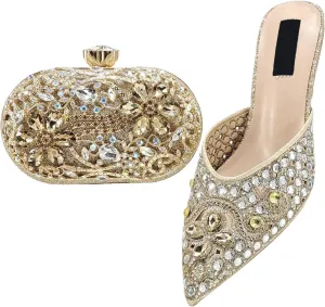 Women's Pink Italian Party Set - Comfortable Low Heel Sandals & Rhinestone Clutch for Casual Events