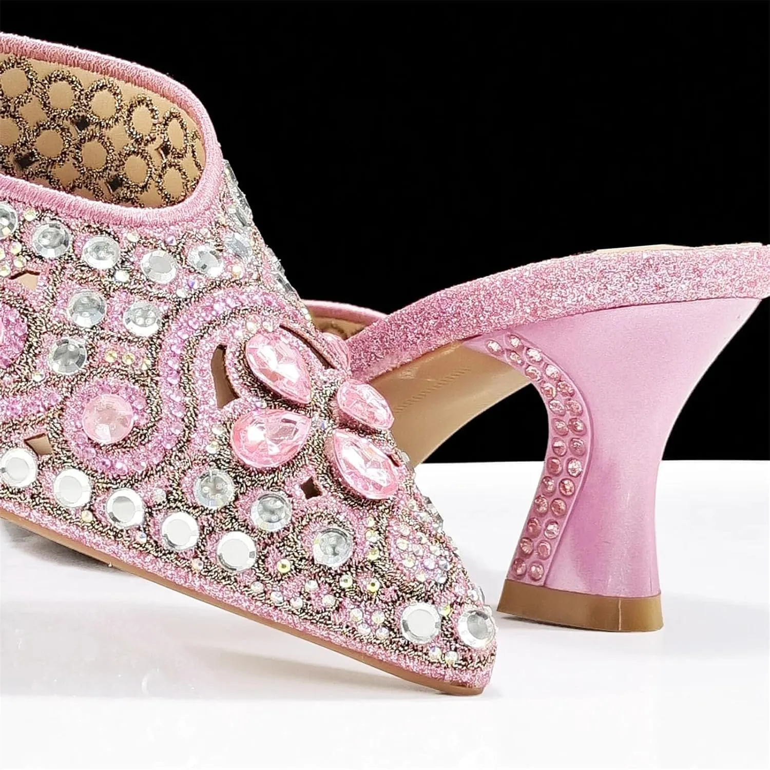 Women's Pink Italian Party Set - Comfortable Low Heel Sandals & Rhinestone Clutch for Casual Events