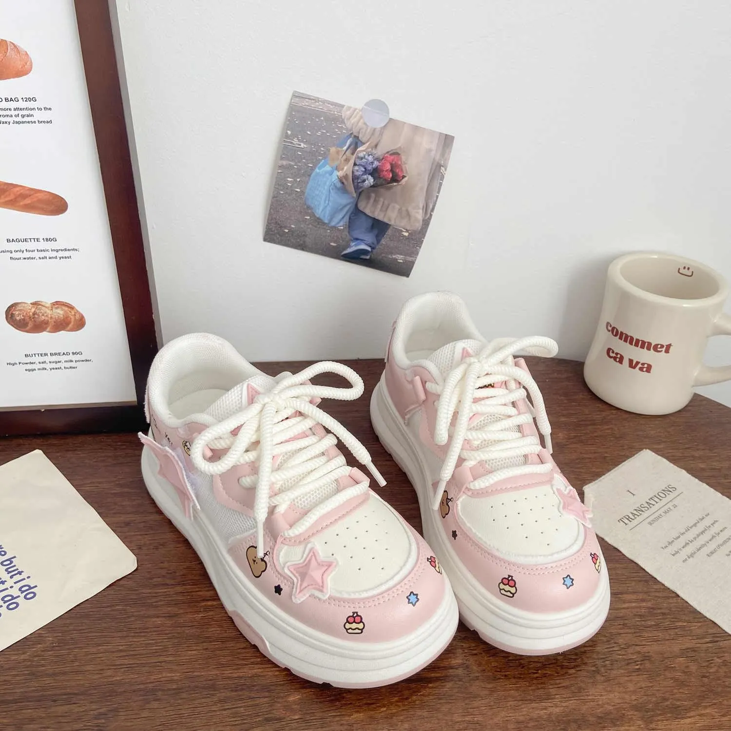 Women's Pink Star Platform Sneakers - Chunky White Y2k Casual Shoes for Campus, Mall & Travel, Non-Slip Footwear
