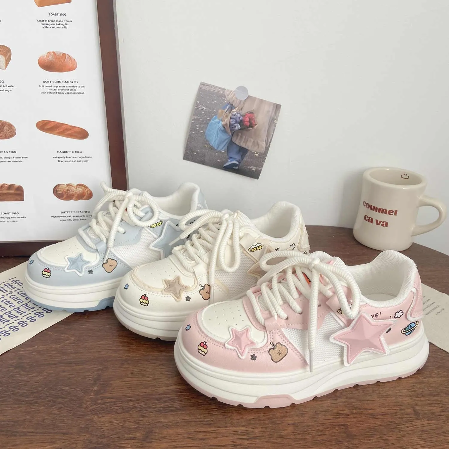 Women's Pink Star Platform Sneakers - Chunky White Y2k Casual Shoes for Campus, Mall & Travel, Non-Slip Footwear