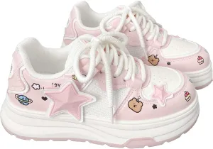 Women's Pink Star Platform Sneakers - Chunky White Y2k Casual Shoes for Campus, Mall & Travel, Non-Slip Footwear