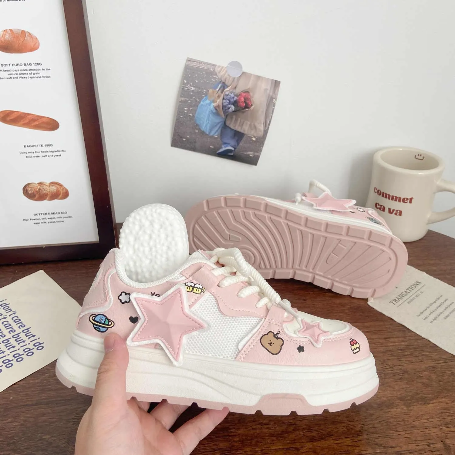 Women's Pink Star Platform Sneakers - Chunky White Y2k Casual Shoes for Campus, Mall & Travel, Non-Slip Footwear