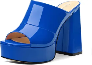 Womens Platform Chunky Heels Sandals Square Open Toe High Heeled Sandals Slip On Slides Dress Party Wedding Shoes