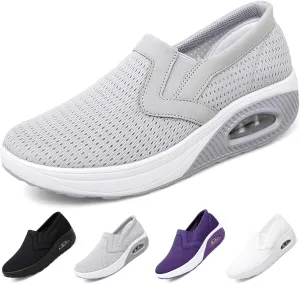 Women's Platform Orthopedic Air Cushion Walking Shoes Mesh Breathable Diabetic Nurse Work Sneakers Slip-ons Light Wedge Ladies Toning Rocker Shoe
