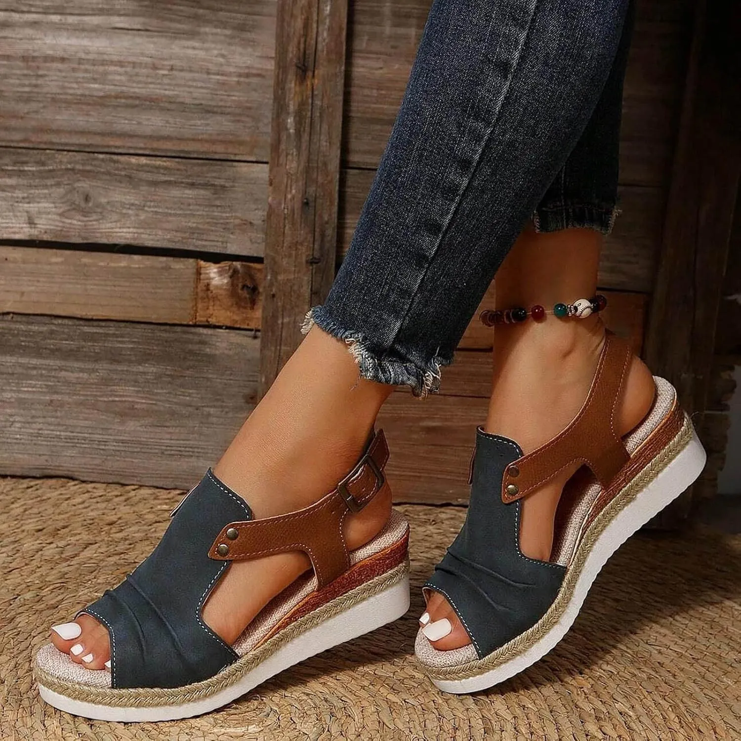 Women's Platform Wedge Sandals,Espadrilles Sandals Open Toe Adjustable Ankle Strap Buckle Low Wedge Leather Comfortable Dressy Summer Sandals Arch Support Casual Walking Sandals Summer