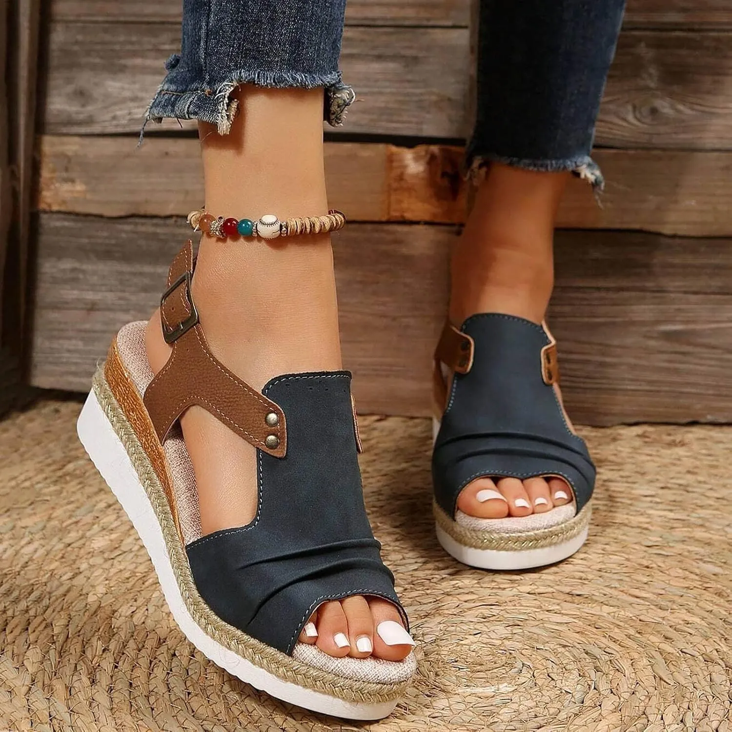Women's Platform Wedge Sandals,Espadrilles Sandals Open Toe Adjustable Ankle Strap Buckle Low Wedge Leather Comfortable Dressy Summer Sandals Arch Support Casual Walking Sandals Summer