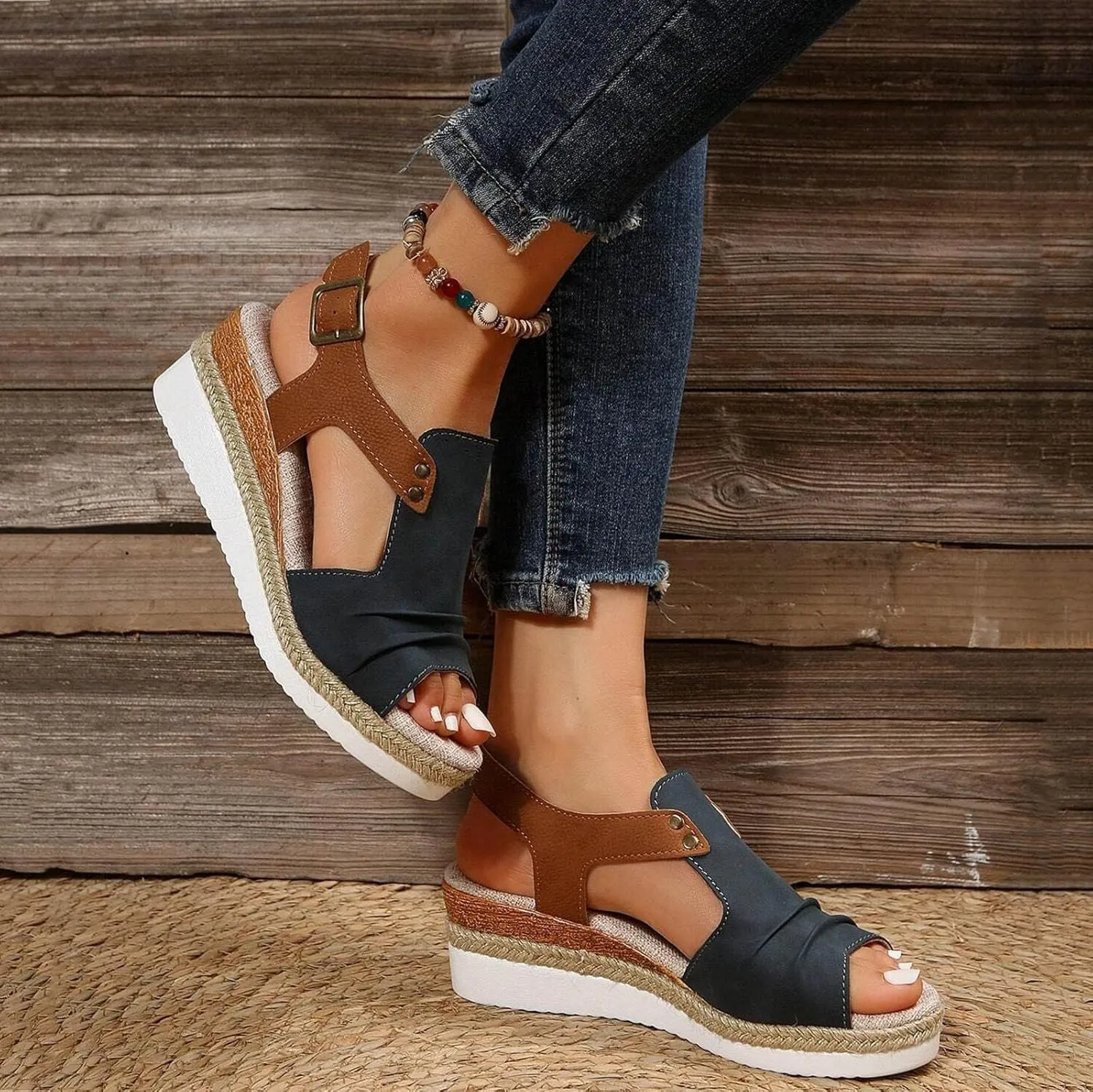 Women's Platform Wedge Sandals,Espadrilles Sandals Open Toe Adjustable Ankle Strap Buckle Low Wedge Leather Comfortable Dressy Summer Sandals Arch Support Casual Walking Sandals Summer