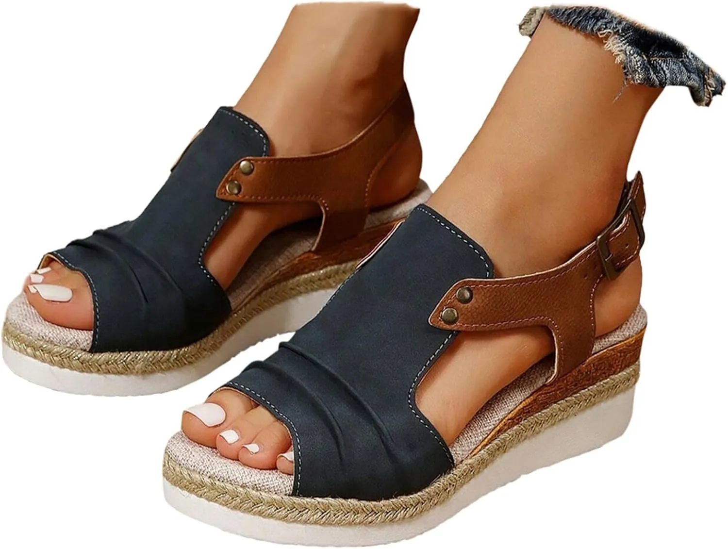 Women's Platform Wedge Sandals,Espadrilles Sandals Open Toe Adjustable Ankle Strap Buckle Low Wedge Leather Comfortable Dressy Summer Sandals Arch Support Casual Walking Sandals Summer