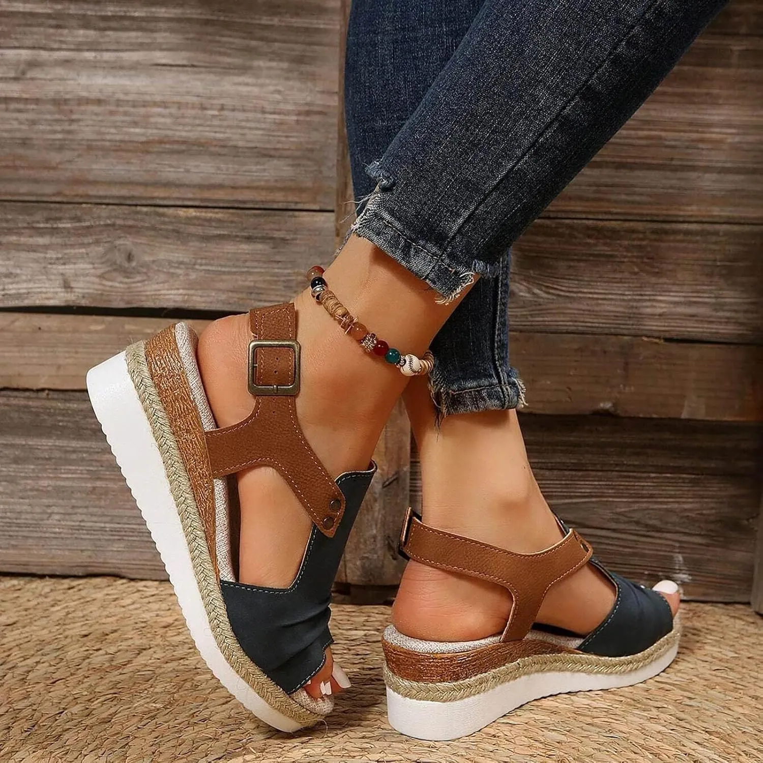 Women's Platform Wedge Sandals,Espadrilles Sandals Open Toe Adjustable Ankle Strap Buckle Low Wedge Leather Comfortable Dressy Summer Sandals Arch Support Casual Walking Sandals Summer