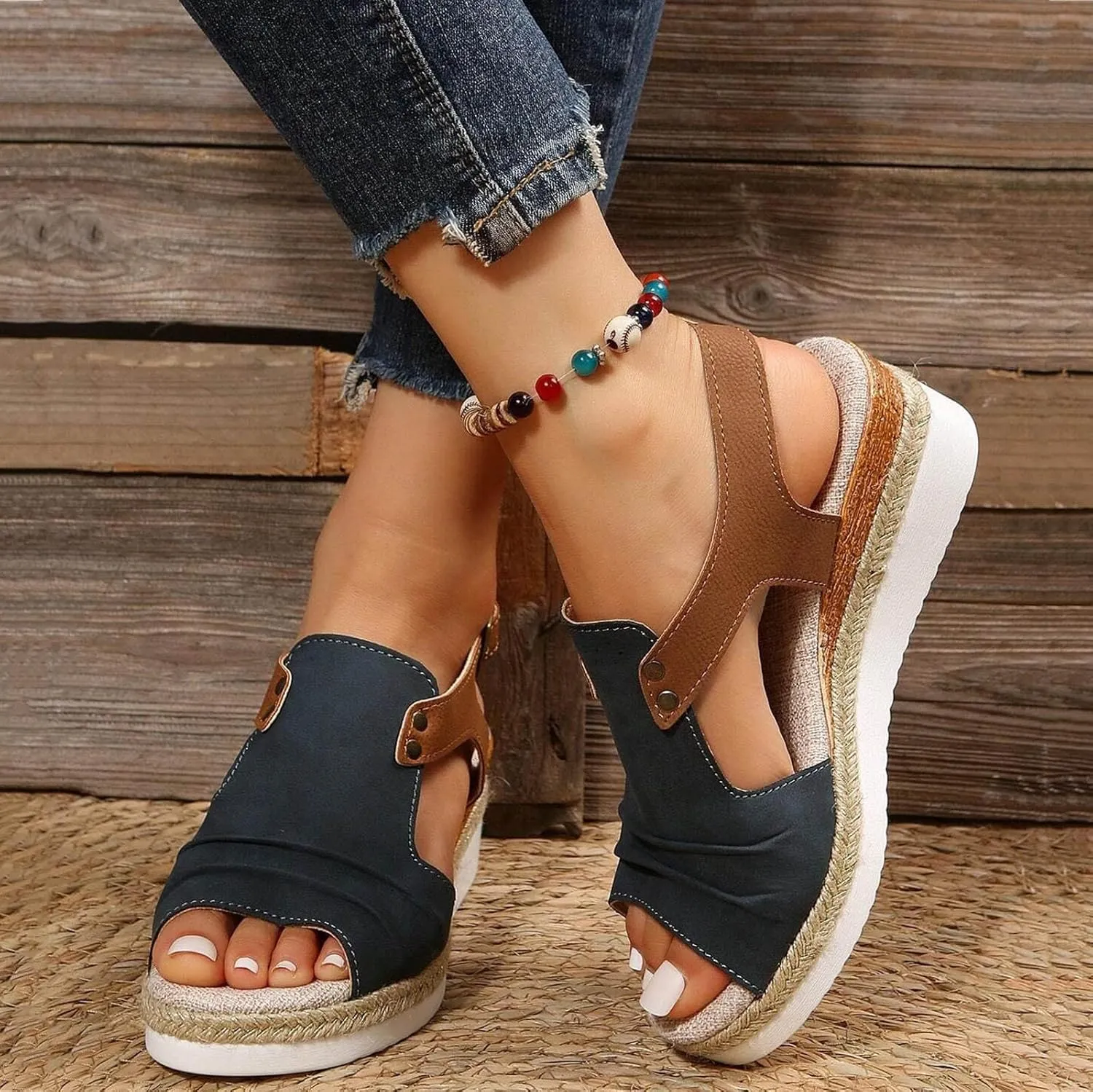 Women's Platform Wedge Sandals,Espadrilles Sandals Open Toe Adjustable Ankle Strap Buckle Low Wedge Leather Comfortable Dressy Summer Sandals Arch Support Casual Walking Sandals Summer