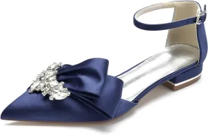 Women's Pointed Toe Crystal Wedding Flats for Bride Comfortable Satin White Wedding Shoes Low Heels Ankle Strap Bridal Flats Evening Prom Party Dress Shoes Pumps