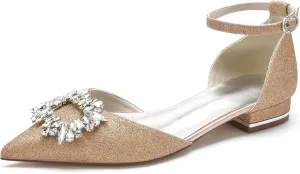 Women's Pointed Toe Glitter Wedding Flats for Bride Comfortable Rhinestones Bridal Shoes Evening Prom Party Dress Shoes Pumps