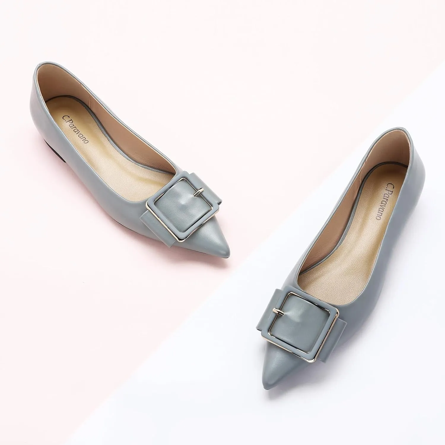 Women's Pointed Toe Square Buckle Flats Elegant Slip-On Ballet Flats Comfortable Dressy Shoes for Work Party Daily Wear