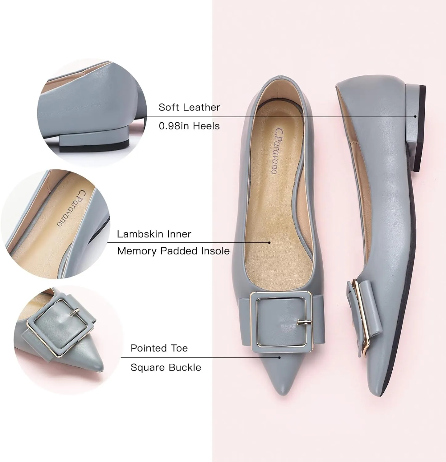 Women's Pointed Toe Square Buckle Flats Elegant Slip-On Ballet Flats Comfortable Dressy Shoes for Work Party Daily Wear