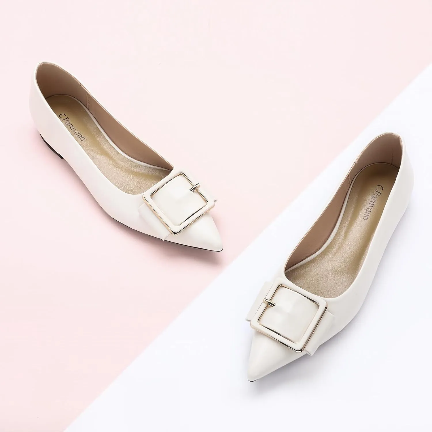 Women's Pointed Toe Square Buckle Flats Elegant Slip-On Ballet Flats Comfortable Dressy Shoes for Work Party Daily Wear