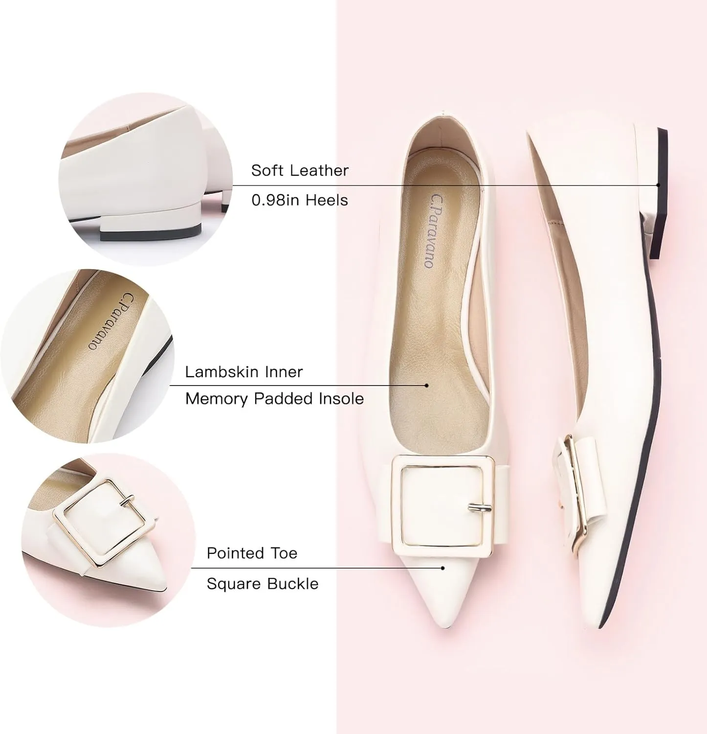 Women's Pointed Toe Square Buckle Flats Elegant Slip-On Ballet Flats Comfortable Dressy Shoes for Work Party Daily Wear