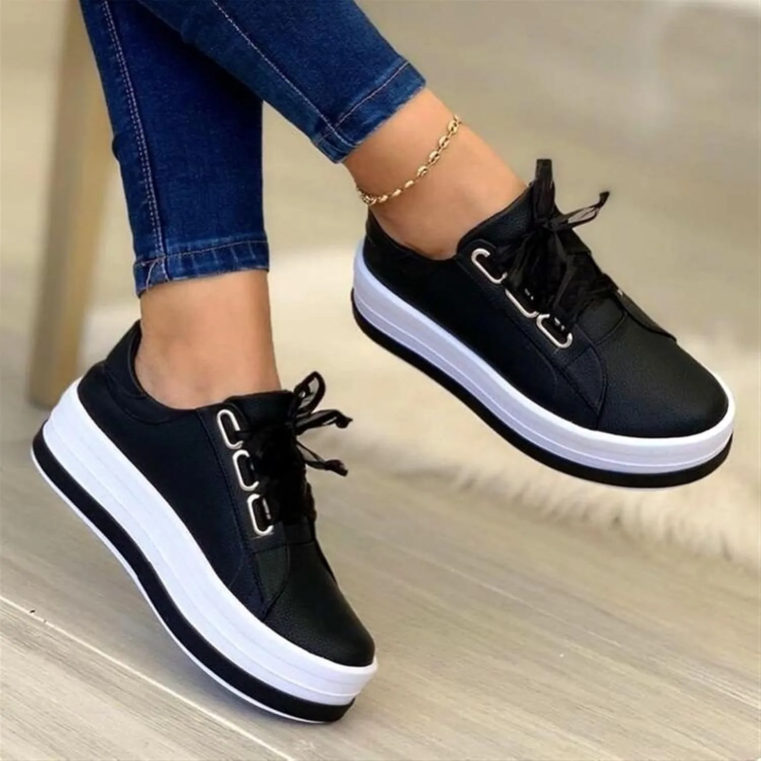 Women's Round Toe Wedges Sneakers Fashion Classic Low Cut Lace Up Platform Walking Dress Shoes Summer Lightweight Breathable Orthotic Flat Loafers Sporty