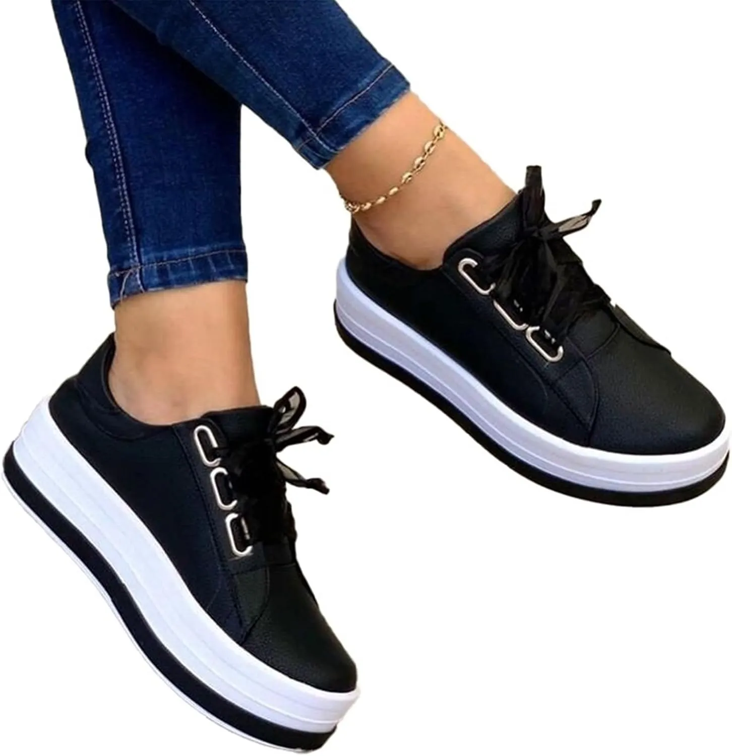 Women's Round Toe Wedges Sneakers Fashion Classic Low Cut Lace Up Platform Walking Dress Shoes Summer Lightweight Breathable Orthotic Flat Loafers Sporty