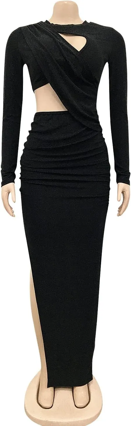 Women's Sexy Ruched Long Sleeve Bodycon Dress Cut Out Solid Color Basic Fitted Elegant Midi Dresses