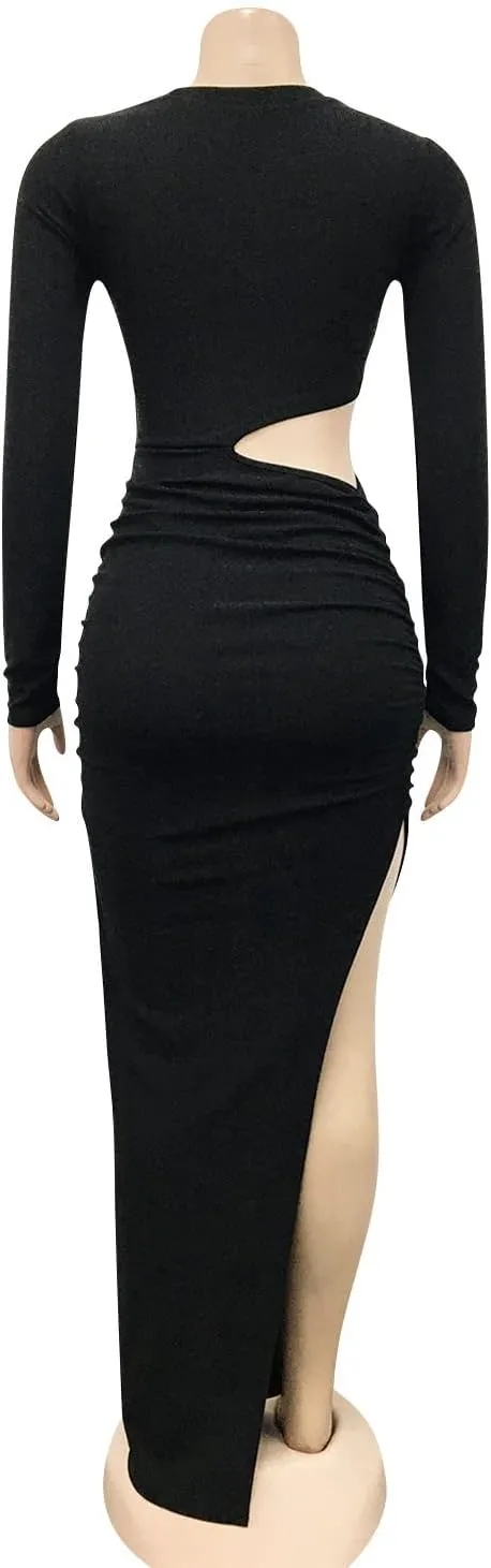 Women's Sexy Ruched Long Sleeve Bodycon Dress Cut Out Solid Color Basic Fitted Elegant Midi Dresses