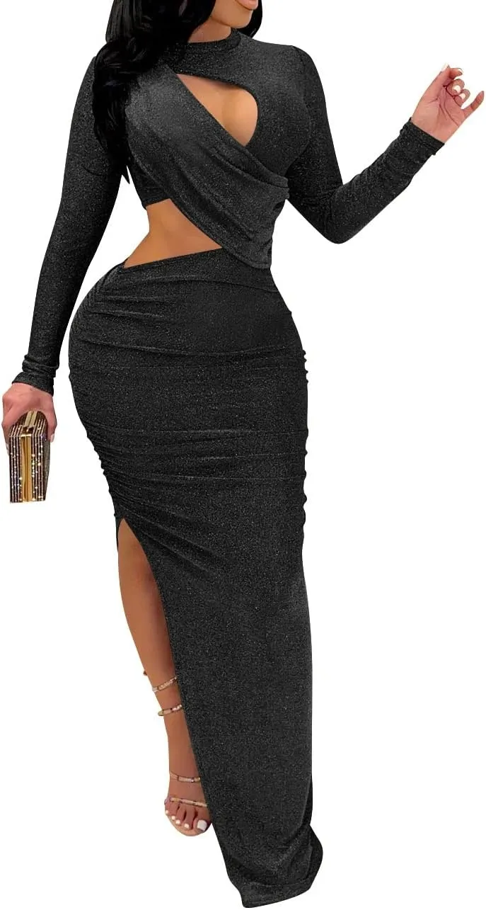 Women's Sexy Ruched Long Sleeve Bodycon Dress Cut Out Solid Color Basic Fitted Elegant Midi Dresses
