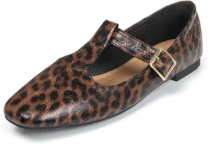 Women's Slip On T-Strap Mary Jane Flats Low Chunky Heel Comfy PU Round Toe Flat Shoes for Women Work Dressy Closed Toe Adjustable Strap Ballet Flats