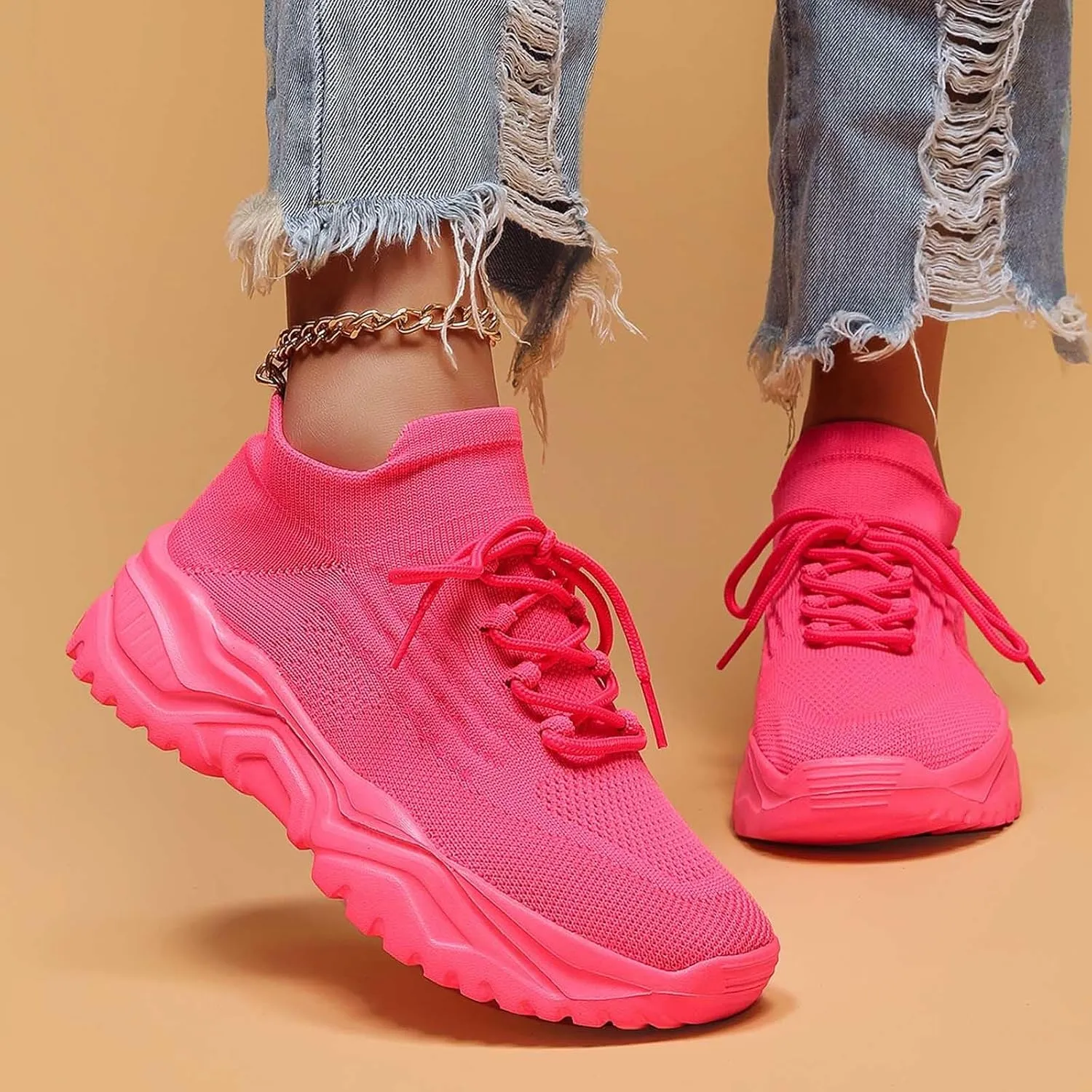 Women's Solid Color Fashion Four Season Lace Up Sneakers Solid Color Flying Woven Running Shoes Women's Water Shoes
