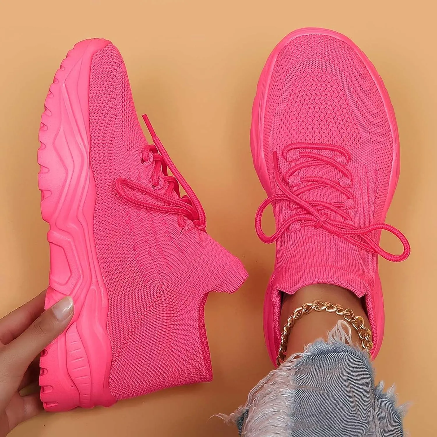 Women's Solid Color Fashion Four Season Lace Up Sneakers Solid Color Flying Woven Running Shoes Women's Water Shoes