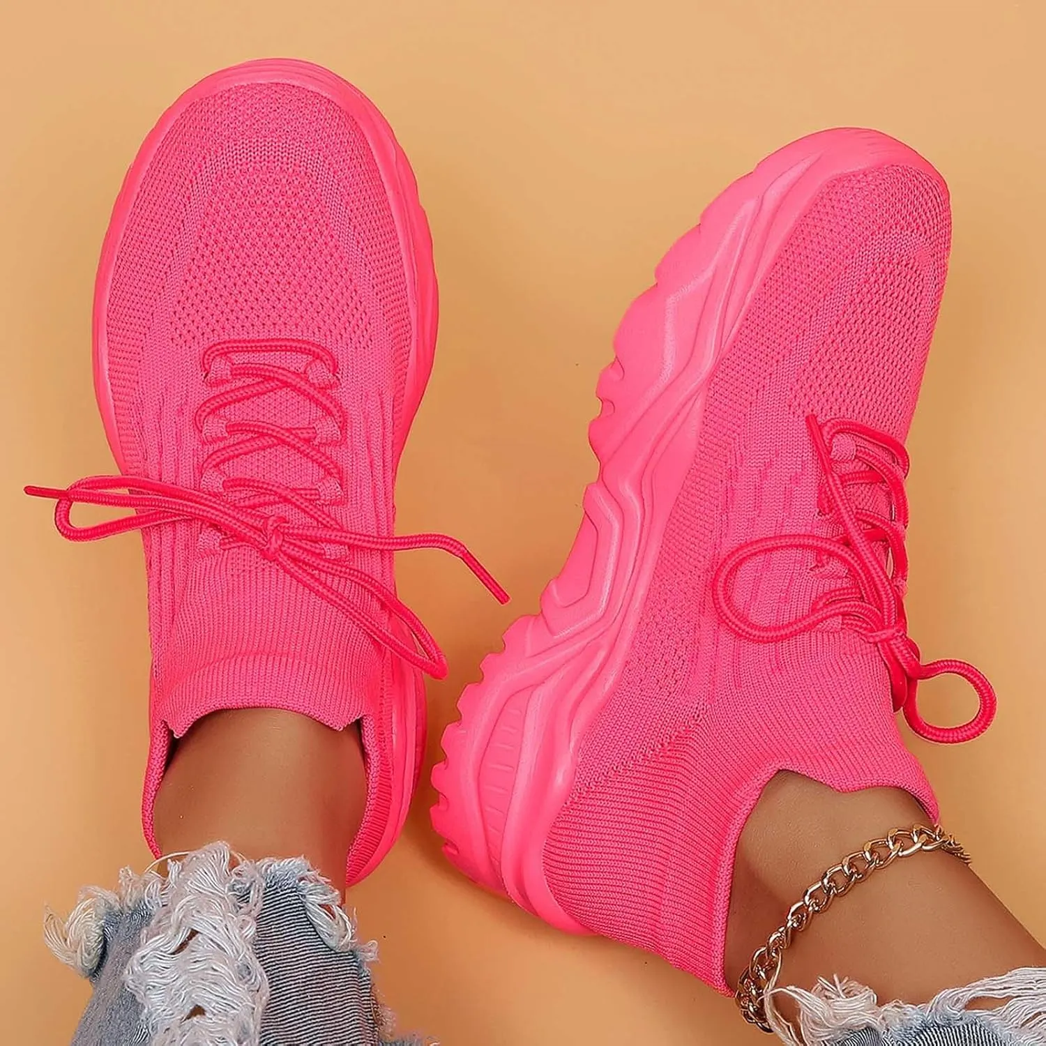Women's Solid Color Fashion Four Season Lace Up Sneakers Solid Color Flying Woven Running Shoes Women's Water Shoes