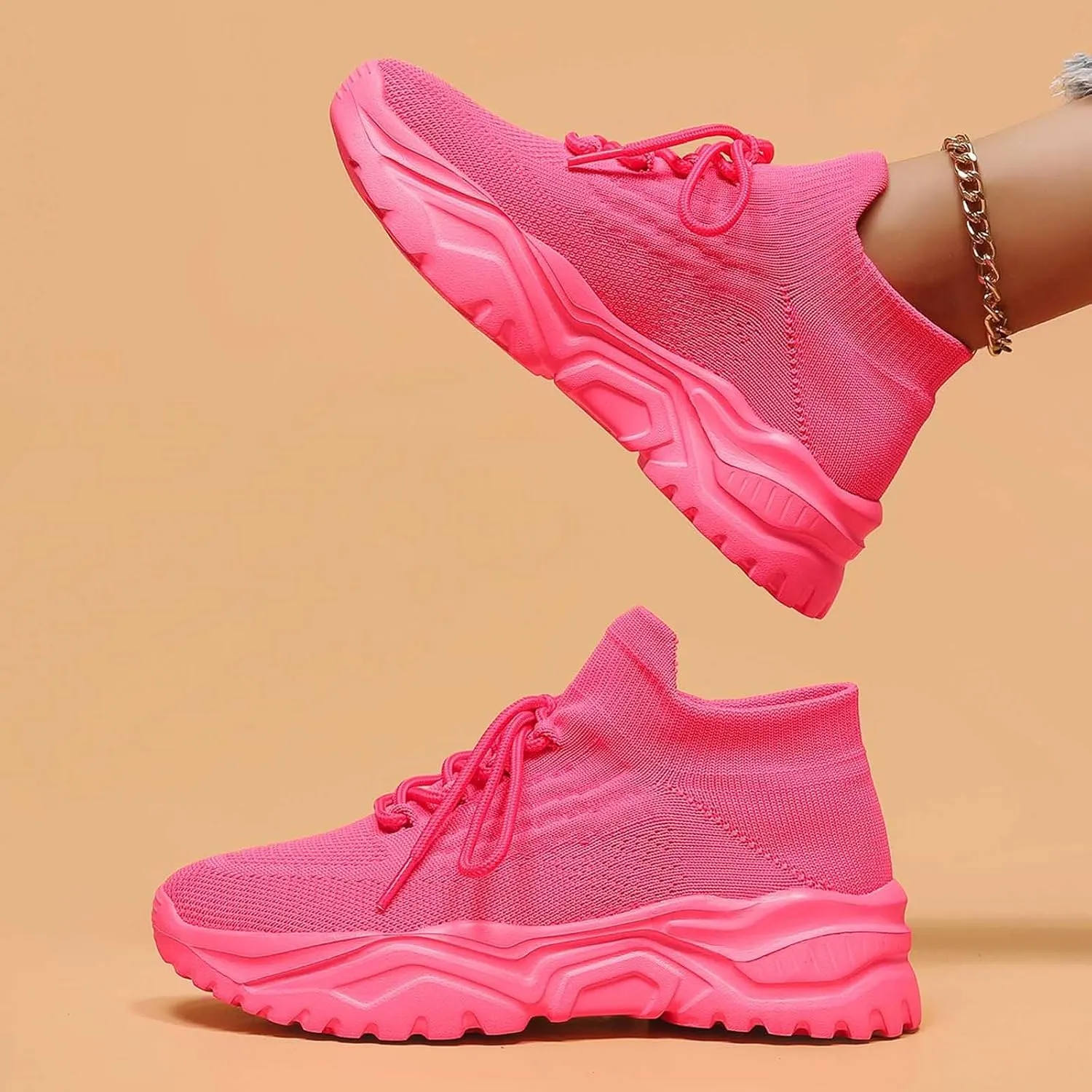 Women's Solid Color Fashion Four Season Lace Up Sneakers Solid Color Flying Woven Running Shoes Women's Water Shoes