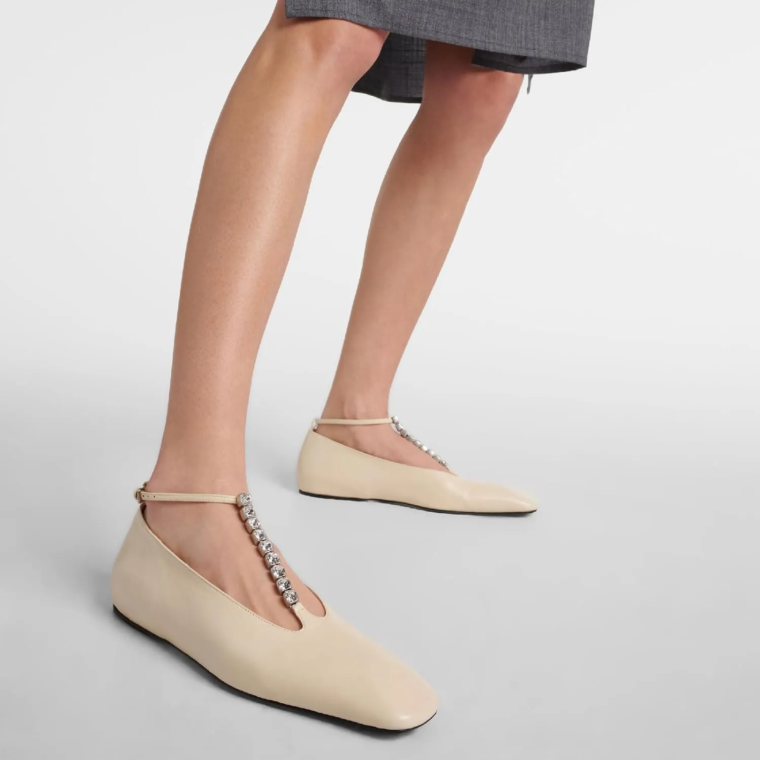 Women's Square Toe Ballet Flats Fashion T-Strap with Crystal Bar Flat Shoes Closed Toe Ankle Straps with Buckle Casual Office Dressy Flats for Women