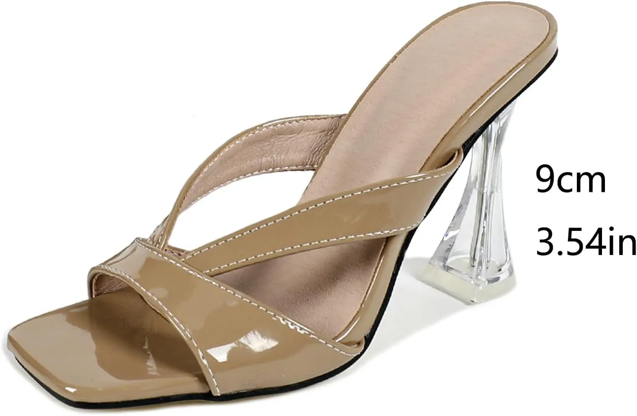 Women's Square Toe Clear Kitten Heels Sandals Open Toe Slip On Transparent Heeled Sandals Backless Party Dress Summer Slides