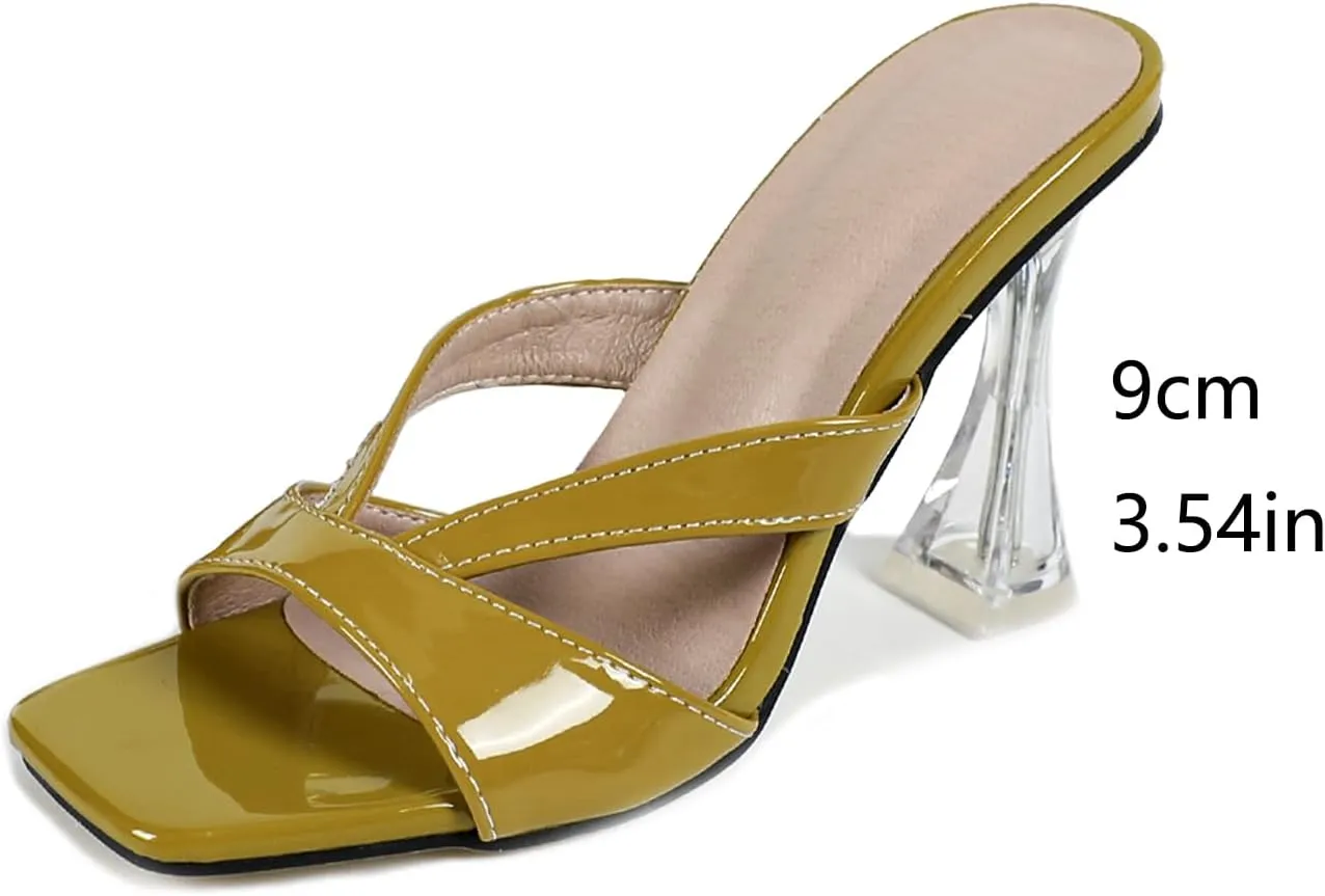 Women's Square Toe Clear Kitten Heels Sandals Open Toe Slip On Transparent Heeled Sandals Backless Party Dress Summer Slides