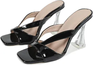 Women's Square Toe Clear Kitten Heels Sandals Open Toe Slip On Transparent Heeled Sandals Backless Party Dress Summer Slides