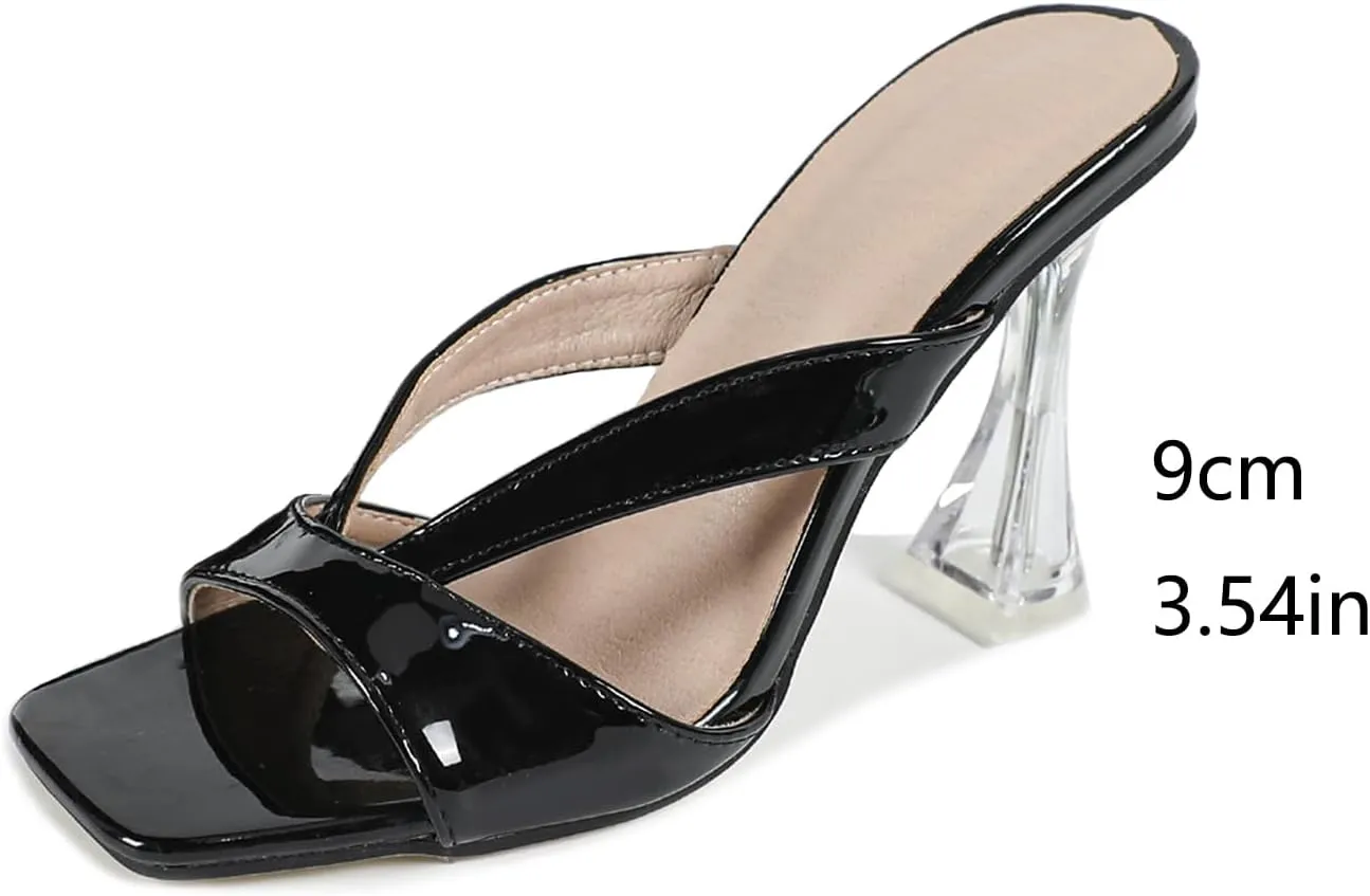 Women's Square Toe Clear Kitten Heels Sandals Open Toe Slip On Transparent Heeled Sandals Backless Party Dress Summer Slides
