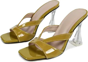 Women's Square Toe Clear Kitten Heels Sandals Open Toe Slip On Transparent Heeled Sandals Backless Party Dress Summer Slides