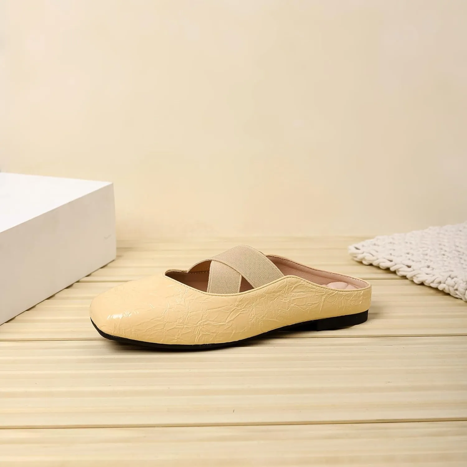 Women's Square Toe Cross Elastic Ties Flat Mules Retro Leather Closed Toe Comfortable Memory Foam Mary Jane Flats Slip On Work Casual Walking Shoes Slippers